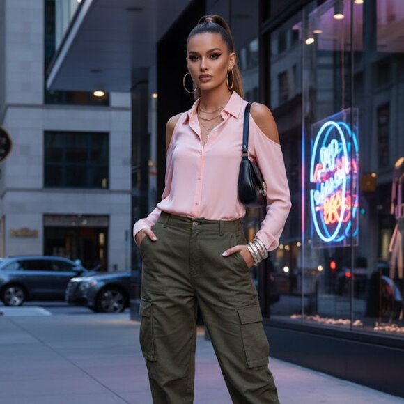 F21 Peach Light Coral Pastel Sheer Chiffon Off Shoulder Button Up Top Blouse L - Picture 1 of 13